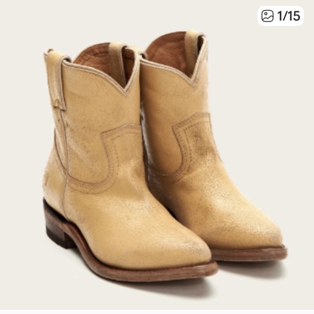 Frye Billy Pull On Short Western Boots Cream/Beige Distressed Leather size 6